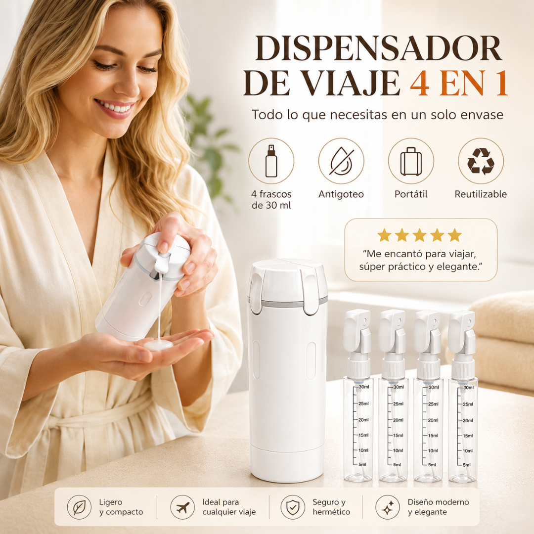 Botella de viaje 4 en 1: Empaca menos y viaja más cómodo