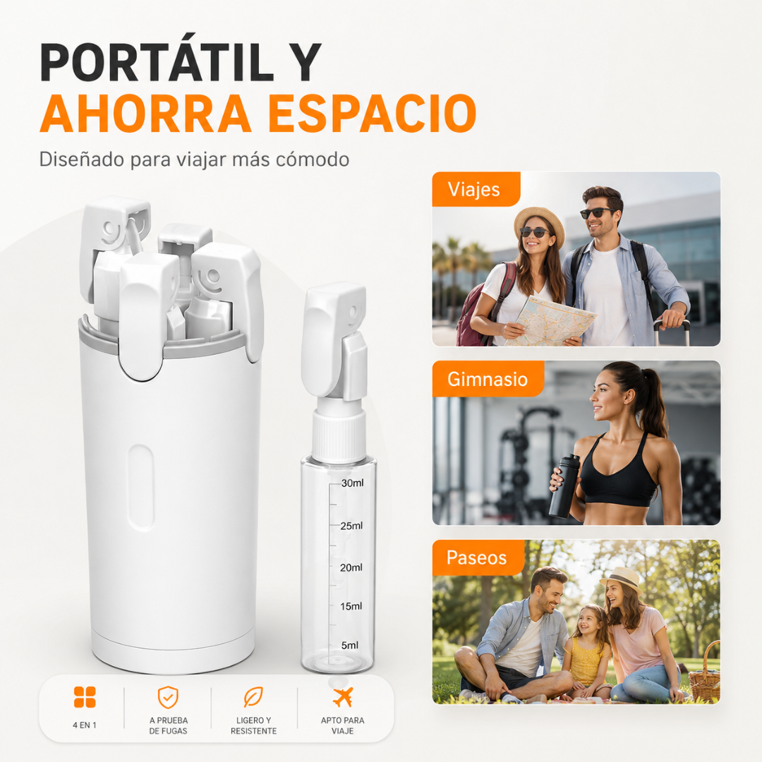 Botella de viaje 4 en 1: Empaca menos y viaja más cómodo