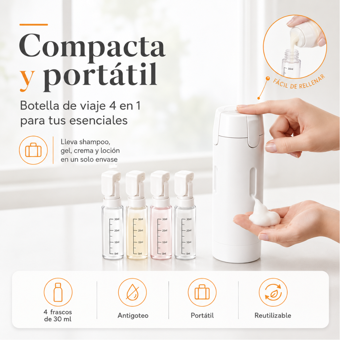 Botella de viaje 4 en 1: Empaca menos y viaja más cómodo