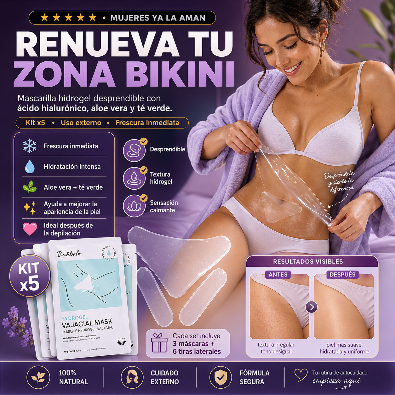 Kit x5 Mascarillas Vajaciales: hidrata y aclara tu zona del bikini.