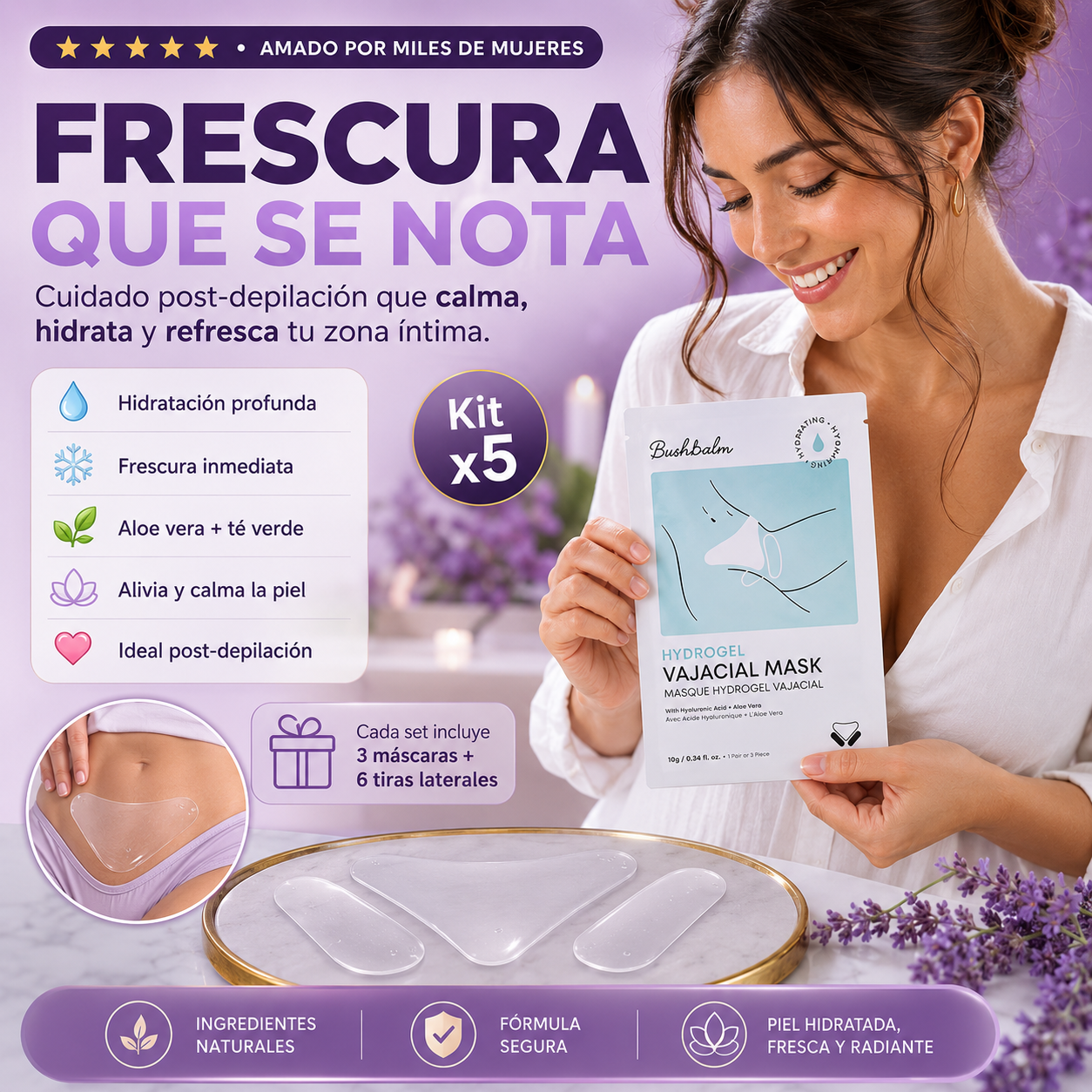 Kit x5 Mascarillas Vajaciales: hidrata y aclara tu zona del bikini.