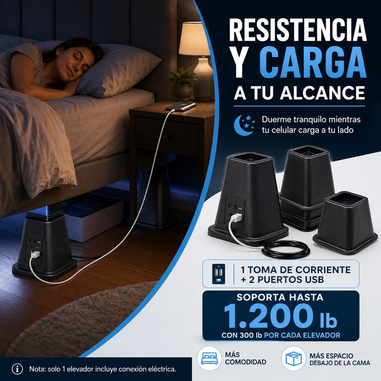 ELEVADORES DE CAMA CON TOMA CORRIENTE Y USB