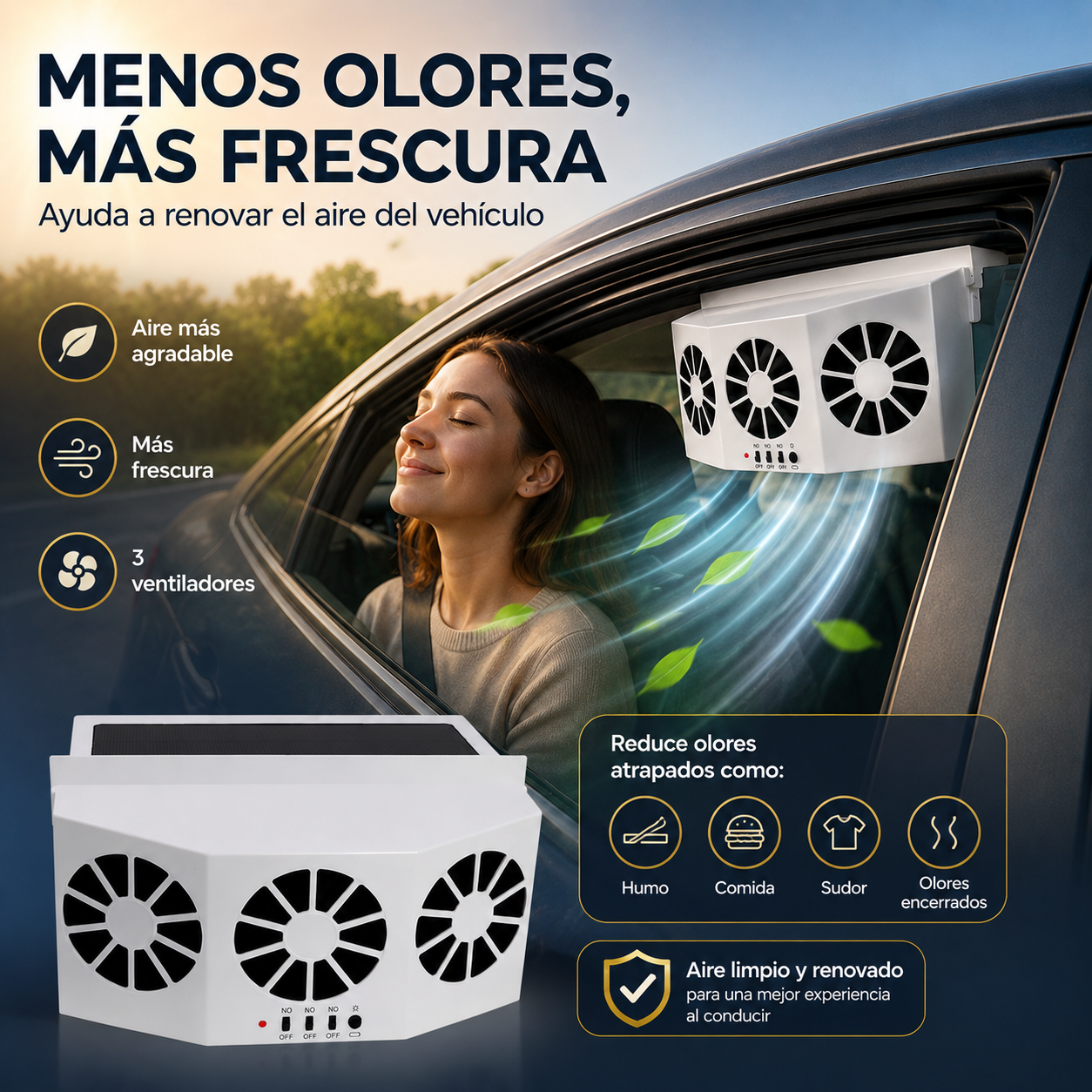 VENTILADOR PORTABLE PARA AUTO: Menos calor, menos olores y más aire fresco
