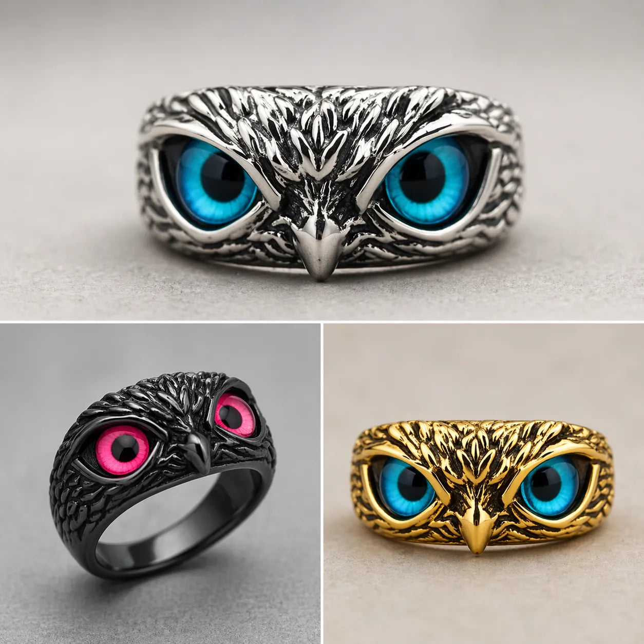 SET X3 ANILLOS AJUSTABLES DE BÚHO CON OJOS MÁGICOS