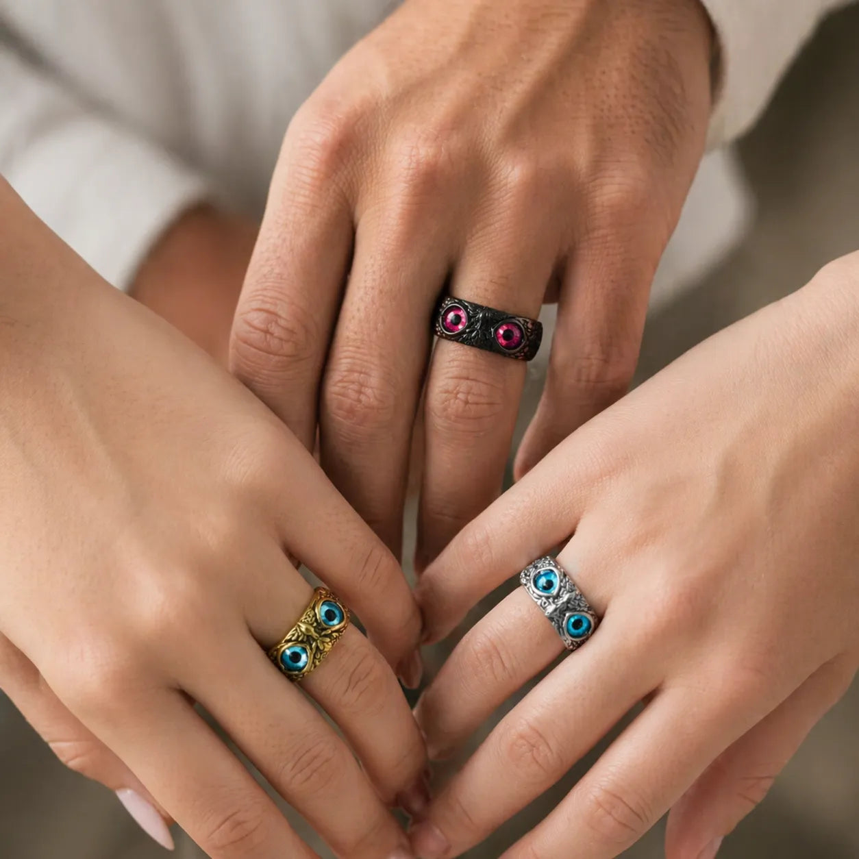 SET X3 ANILLOS AJUSTABLES DE BÚHO CON OJOS MÁGICOS
