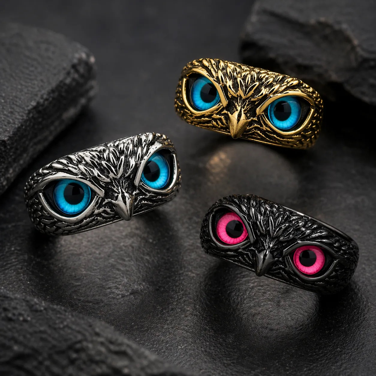 SET X3 ANILLOS AJUSTABLES DE BÚHO CON OJOS MÁGICOS