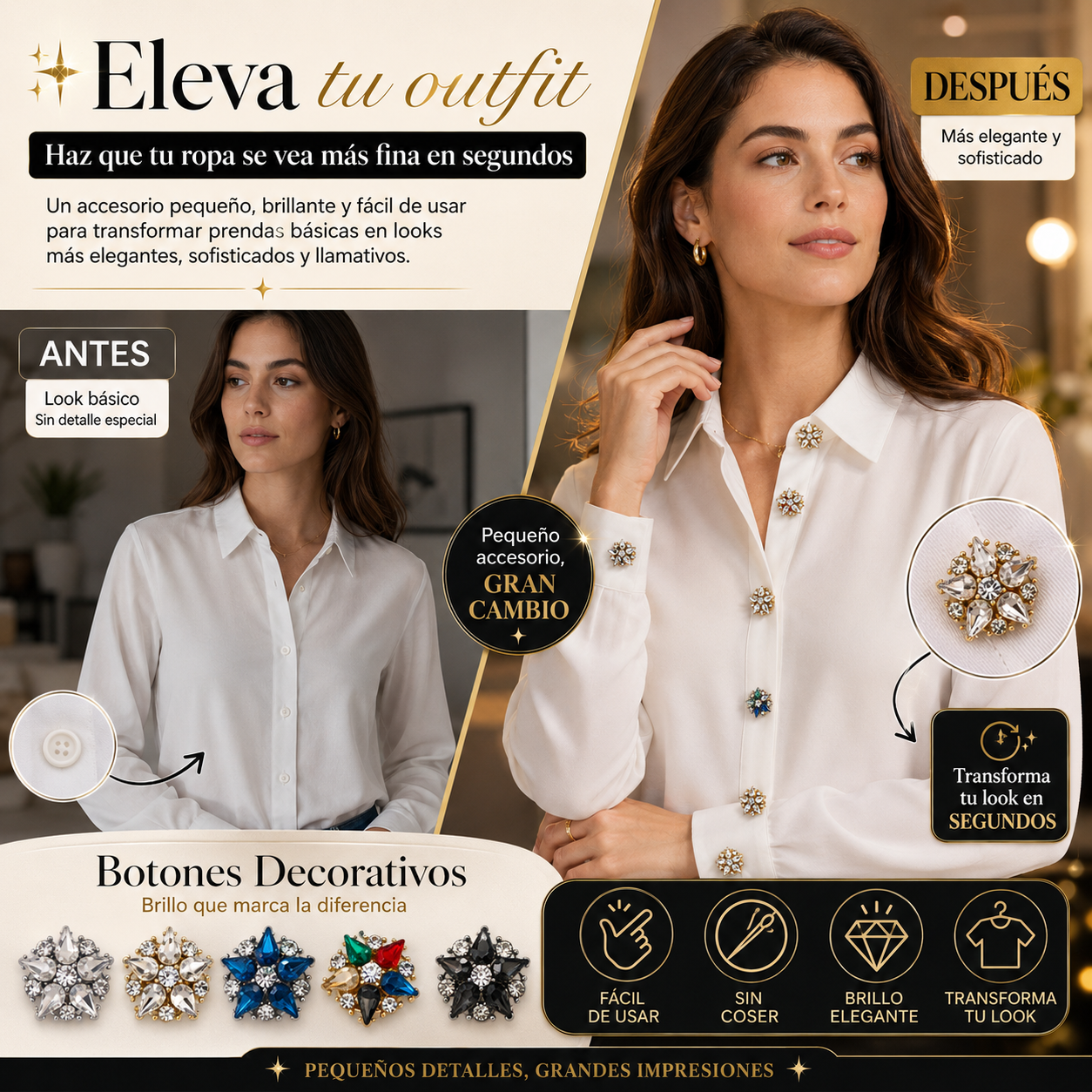 CUBRE BOTONES: Transforma tu ropa en segundos con un toque de elegancia