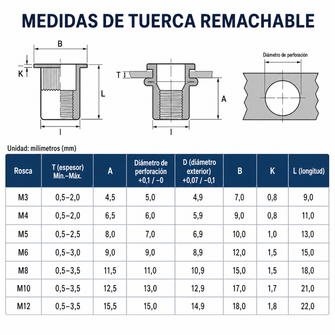 Kit de tuercas remachables - 7 medidas