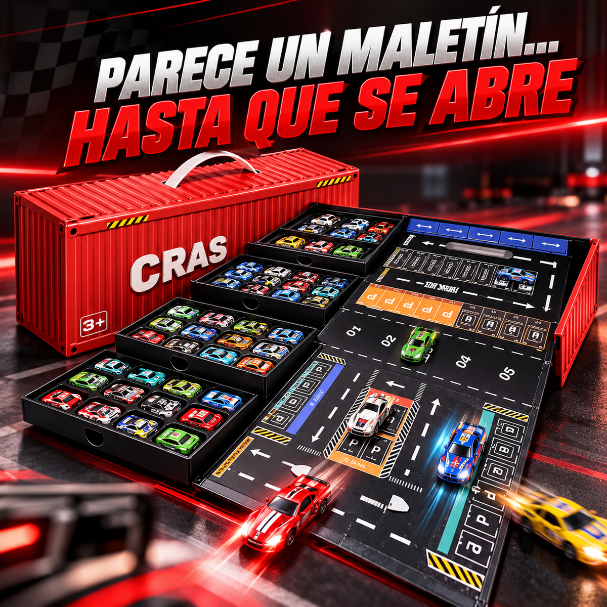 Megaset Container con 48 Carritos y Pista Desplegable