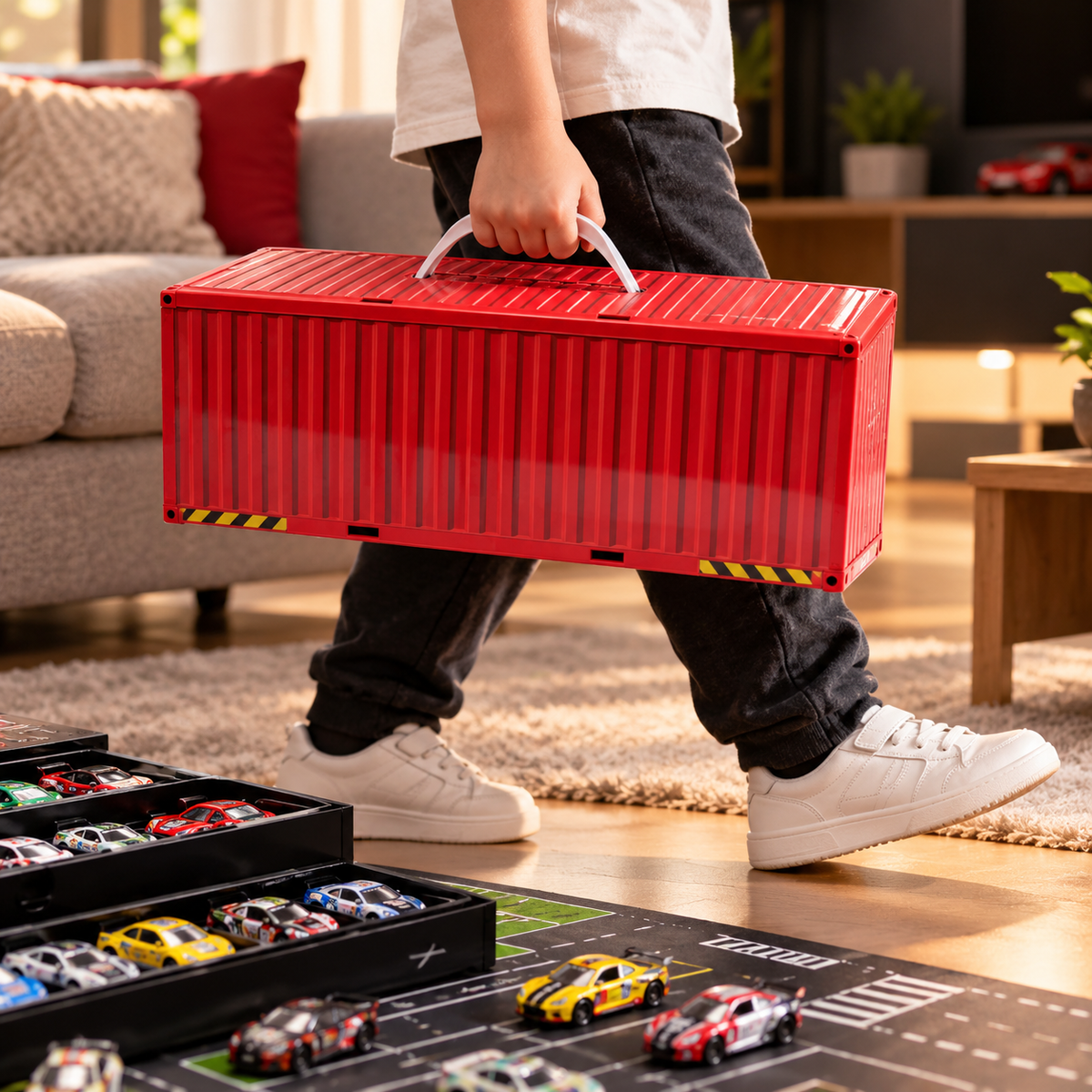 Megaset Container con 48 Carritos y Pista Desplegable