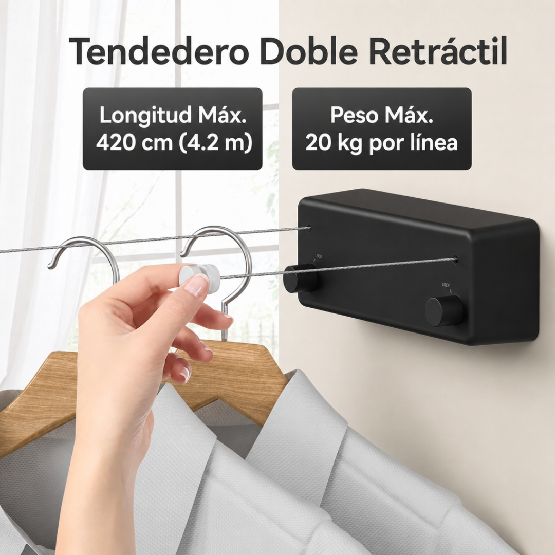 Tendedero Retractil Doble - Listo para Usar sin Perforar